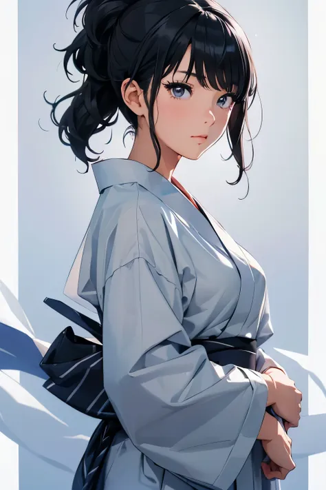 anb beautiful image of hiori kazano wearing an gray yukata, cerulean big hair with bangs, confident, sweet, kunoichi, anime-styl...