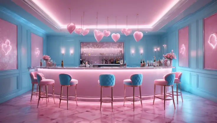 ((Nightclub)), ((Luxury)), ((no windows)), ((Fairytale room)),
(Pastel blue wall, Pastel pink argyle floor, Soft pink lighting,)
A bar counter with several pink velvet chairs,
Champagne glasses on the table, Pink heart neon art on the wall, Pink Cupid neon...