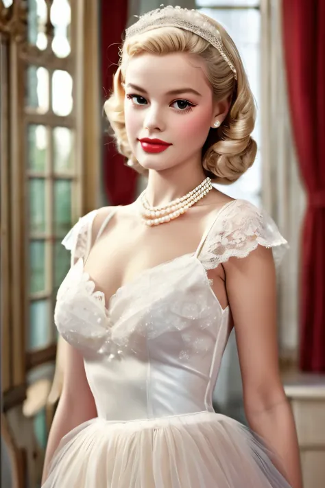 1girl, 1940 elegant french style, blonde, pearl necklace, lace and tulle