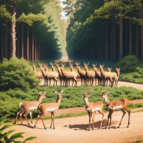 there are many deer standing in a field with trees in the background, real picture taken in zoo, deers, taken in zoo, picture taken in zoo, beautiful, exclusive, museum quality photo, deer in sherwood forest, zoo photography, photo of a beautiful, wildlife...