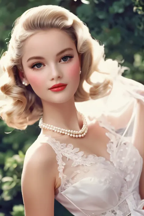 1girl, 1945 elegant french style, blonde, pearl necklace, lace and tulle