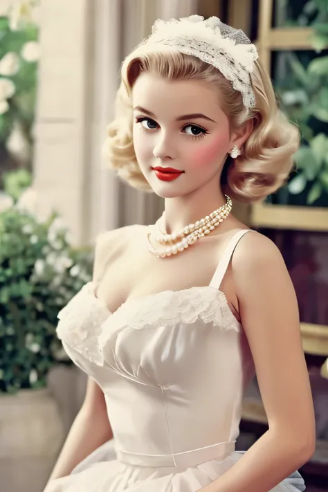 1girl, 1950 elegant french style, blonde, pearl necklace, lace and tulle