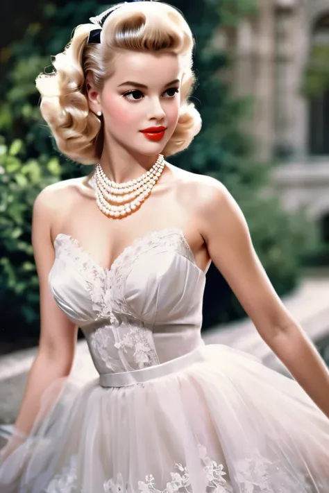 1girl, 1955 elegant french style, blonde, pearl necklace, lace and tulle