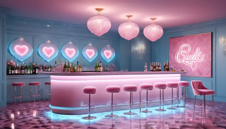 ((Nightclub)), ((Luxury)), ((no windows)), ((Fairytale room)),
(Pastel blue wall, Pastel pink argyle floor, Soft pink lighting,)
A bar counter with several pink velvet chairs,
Champagne glasses on the table, Pink heart neon art on the wall, Pink Cupid neon...