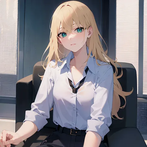 (looking at viewer:1.5),upper body,Arms crossed、crossed legs、 (pale skin: 1.2), shiny skin, shiny hair、 (A 2 woman with medium-length hair and bangs) and (wavy hair) and (Blonde Hair) and (green eyes) , (white collared shirt) , serious,The background is th...