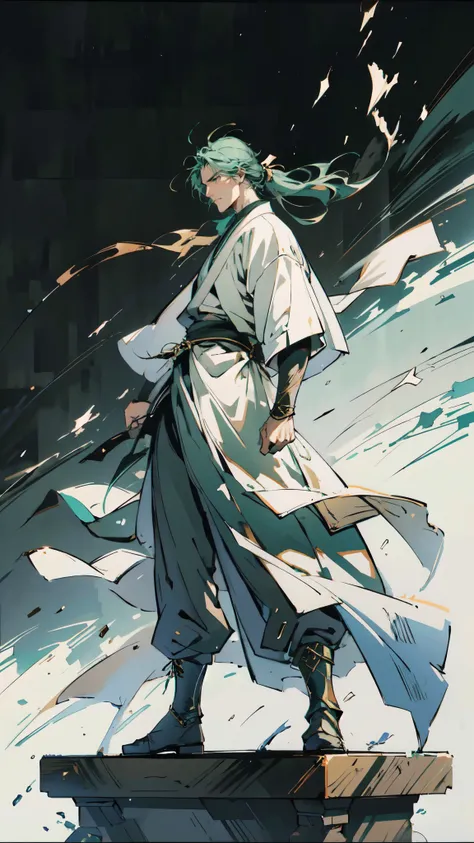(masterpiece:1.2, best quality:1.2, extremely delicate:1.2), ((male:1.5)), a young man with long, flowing emerald-green hair tied in a ponytail, parted bangs, wearing a headband, a handsome face, sharp eyes, a serious expression, slender and tall build, a ...
