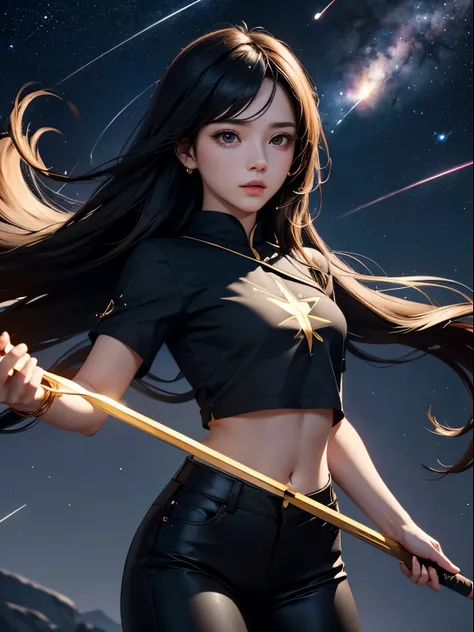 1 magical girl, low-cut black shirt, golden line drawings on clothes, black pants, hands holding a staff, staff flashing, perfect anatomy, floating, starry sky