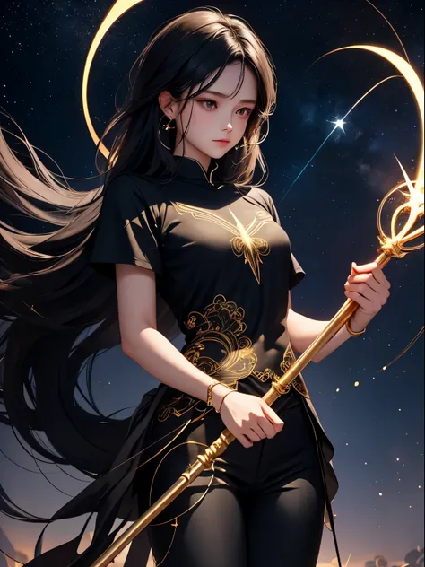 1 magical girl, low-cut black shirt, golden line drawings on clothes, black pants, hands holding a staff, staff flashing, perfect anatomy, floating, starry sky