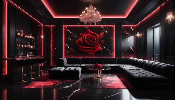 ((Nightclub)), ((Luxury)), ((no windows)), ((Soft red lighting)),
(black velvet box sofa and table,black velvet stools and table,)
(black marble walls, black marble floor,)
Dimly lit room,
Champagne glasses on the table, red rose neon art on the wall,
spar...