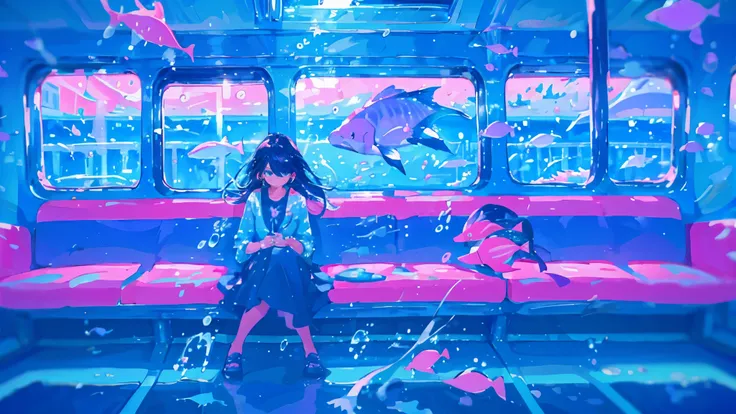 One girl,Alone,cute,On the train,water,bubble,water splash,Floating fish,Blue and pink and purple