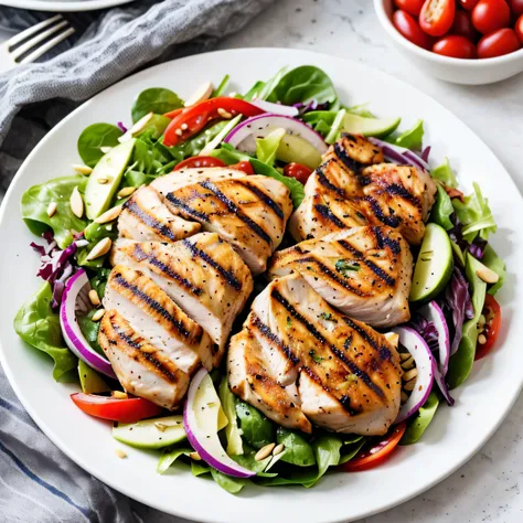 as a home cook, generate the image
Use a large white plate to allow the vibrant colors to pop. Slice the grilled chicken breast and fan it on top of the salad for a clean, elegant presentation