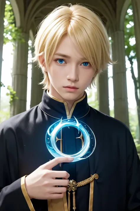 solo,1boy,bishounen,male focus,center part,blonde hair,looking at viewer,blue eyes,beautiful face,emo boy,big eyes,Sacred Grove,Healer,wizard school uniform,
