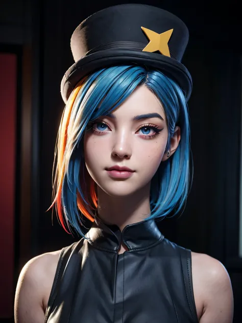 a girl with dark blue lips, egirlmakeup, half-color hair with red and yellow hair, black top hat, (best quality,4k,8k,highres,masterpiece:1.2),ultra-detailed,(realistic,photorealistic,photo-realistic:1.37),HDR,UHD,studio lighting,ultra-fine painting,sharp ...