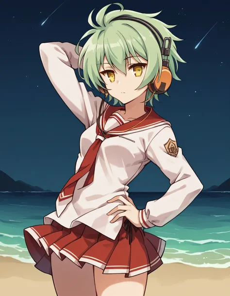 Reki, Green hair, short hair, yellow eyes, headphones, school uniform, short skirt, thighhigh, high quality, solo, night sky, beach, arm behind head, hand on hip, {contrapposto}, closed mouth, spread armpits, cowboy shot, looking at viewer, best quality, e...