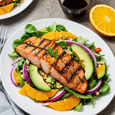 as a home cook, generate an image ilustrating the follow dish : Arrange the salad with the avocado slices and orange wedges neatly. Place the seared salmon fillet on top or beside the salad. A drizzle of balsamic on the plate adds a gourmet touch.