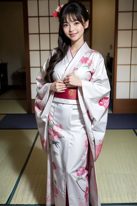 A beautiful woman. She is smiling. Wearing a Japanese kimono. Sexy. Back. Her breast is a little open. Full body. Hiding her hands.