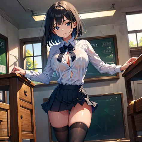 (1 skinny girl at primary school), school uniform, high-waist skirt, (thigh gap), (inky-black thighhighs:1.2), (bouncing large breasts:1.2), swaying back, narrow shoulders, short torso, skinny narrow waist, long skinny legs, (orgasm), looking up for viewer