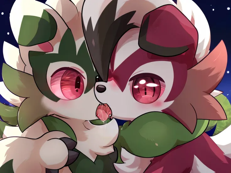 by:nakimayo ,(floragato and midnight lycanroc:1.5) ,Frontal，saliva on tongue,french kissing，(red eyes: 1.5)， Furry Pokémon,
