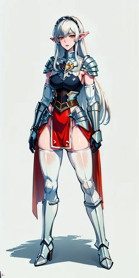 masterpiece, best quality, high quality, white SKIN elf, long hair, white hair, yellow eyes, full body, def_effie, blue breastplate, white skin, looking at viewer, shiny, armor, thigh highs, high boots, shoulder armor, faulds, poleyn, gloves, gauntlets