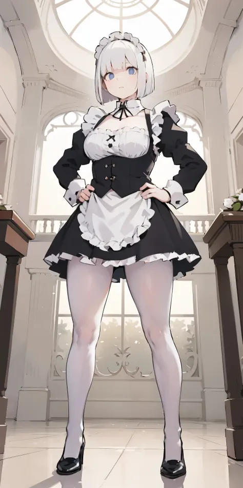 White hair, short bob hair, pinched eyes, thin legs, thin body, leather collar, maid outfit victorian, full body standing symmetrical, hands on hips, wide hips, view from below