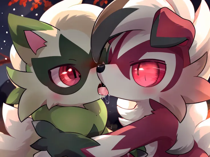 by:nakimayo ,(floragato and midnight lycanroc:1.5) ,frontal，saliva on tongue,french kissing，(red eyes: 1.5)， furry pokémon,