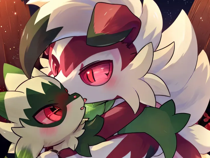 by:nakimayo ,(floragato and midnight lycanroc:1.5) ,Frontal，saliva on tongue,french kissing，(red eyes: 1.5)， Furry Pokémon,
