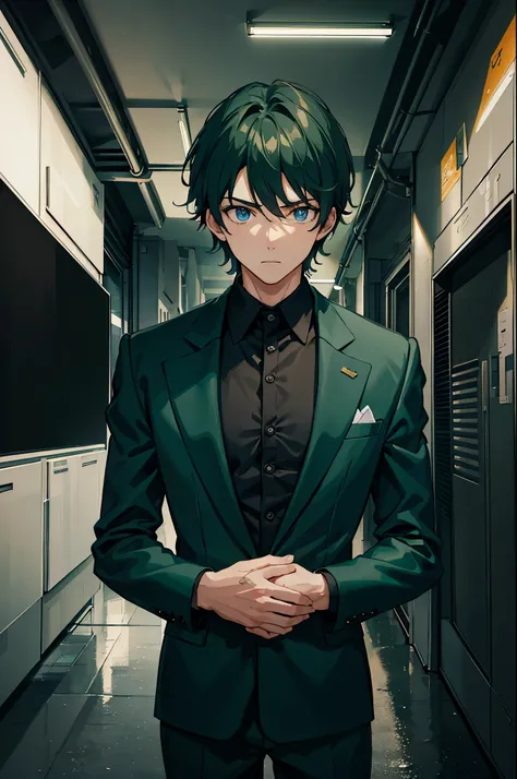 1man, dark green hair, blue eyes, green suit, standing on ground, high res, ultra sharp, 8K, masterpiece