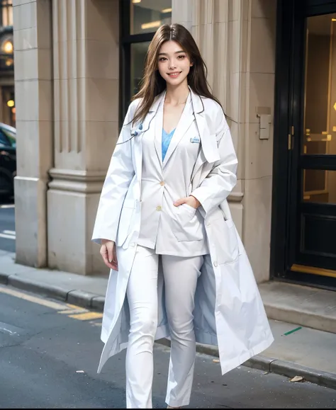 Best Quality, masterpieceUltra-high resolution, (Realistic:1.4), 20 years old,1 girl,super high quality,8k,((Full body photo:1.2)),Slim Body:1.3,Beautiful fingers((Super Realistic image quality)),No makeup,thin,Medium Chest,Soft Breasts,((White coat,Female...