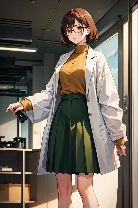 1woman, short brown hair, green eyes, glasses, skirt, sweater, lab coat, standing on ground, high res, ultra sharp, 8K, masterpiece