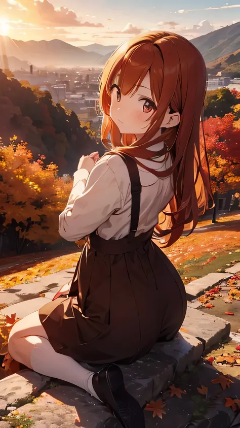 The ground is full of red leaves　golden Hair、Autumn Dresses、Kind Face、Warm lighting　Japanese anime style　Shortcuts　There are many autumn leaves on the ground at dusk　The background is mountains and autumn leaves　Autumn leaves are falling