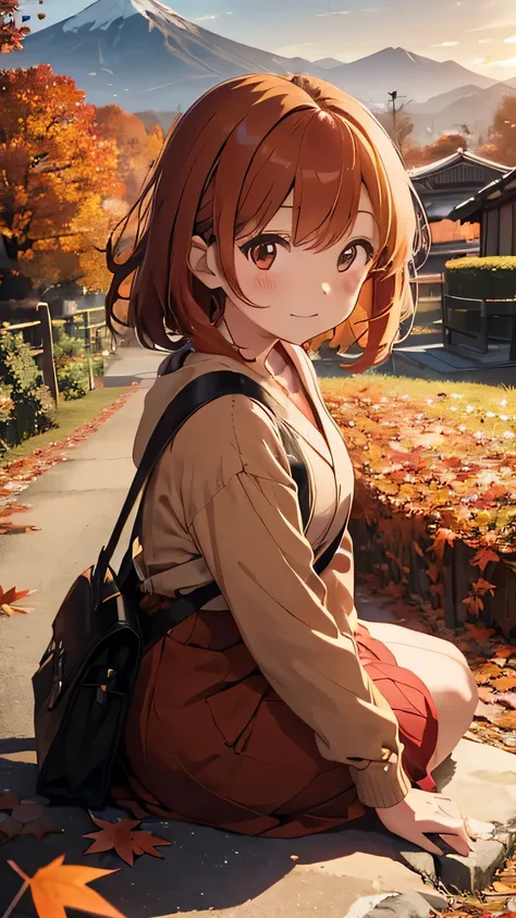 The ground is full of red leaves　golden Hair、Autumn Dresses、Kind Face、Warm lighting　Japanese anime style　Shortcuts　There are many autumn leaves on the ground at dusk　The background is mountains and autumn leaves　Autumn leaves are falling