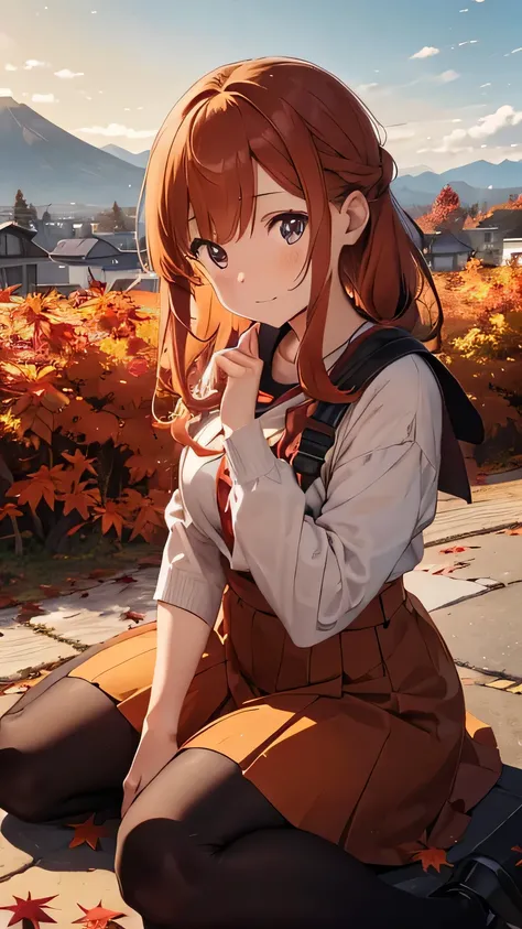 The ground is full of red leaves　golden Hair、Autumn Dresses、Kind Face、Warm lighting　Japanese anime style　Shortcuts　There are many autumn leaves on the ground at dusk　The background is mountains and autumn leaves　Autumn leaves are falling