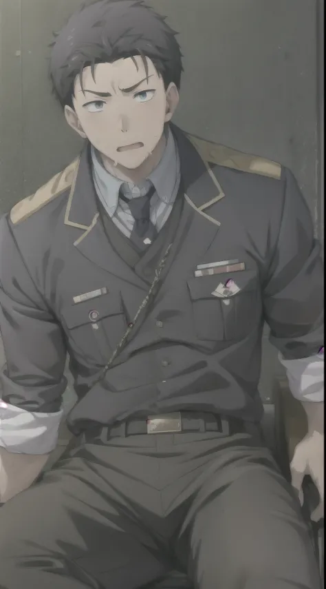 Hector Fay, Ultra high quality cg, solitary, Looking at the audience, Open your mouth, Sweating, Wet, Drooling, Gloves, 1 man,, Male focus, tie，shirt， military uniform，Lie down with your legs open
