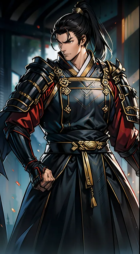 The Second Dimension,Anime style,one person(Male Warrior),Correct proportions,Facial details,swordsman,High Ponytail Hairstyle,Neck details,(Active attention),(在黑暗的night:1),(Best quality),(Honest:1),Record,Realistic skin texture,Very detailed,8k wallpaper,...