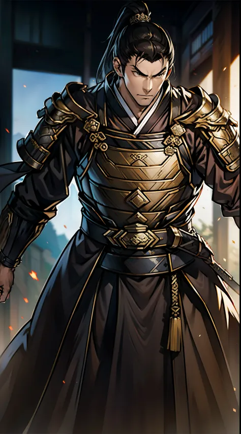 The Second Dimension,Anime style,one person(Male Warrior),Correct proportions,Facial details,swordsman,High Ponytail Hairstyle,Neck details,(Active attention),(在黑暗的night:1),(Best quality),(Honest:1),Record,Realistic skin texture,Very detailed,8k wallpaper,...