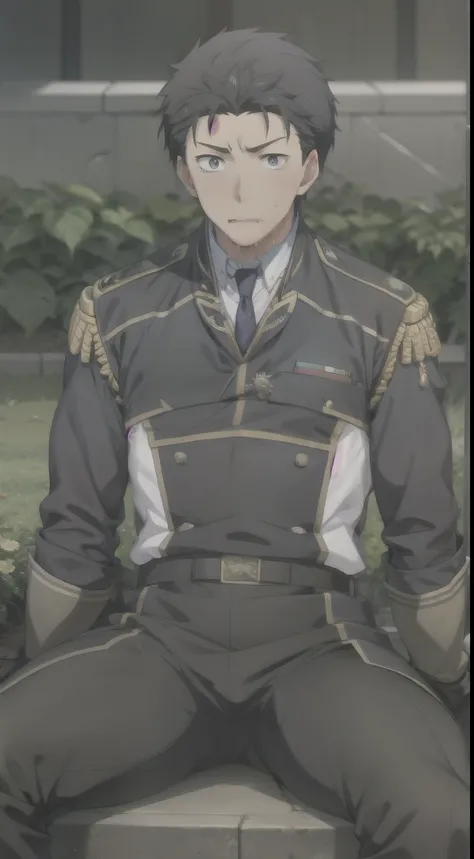 Hector Fay, Ultra high quality cg, solitary, Looking at the audience, Open your mouth, Sweating, Wet, Drooling, Gloves, 1 man,, Male focus, tie，shirt， military uniform，Lie down with your legs open
