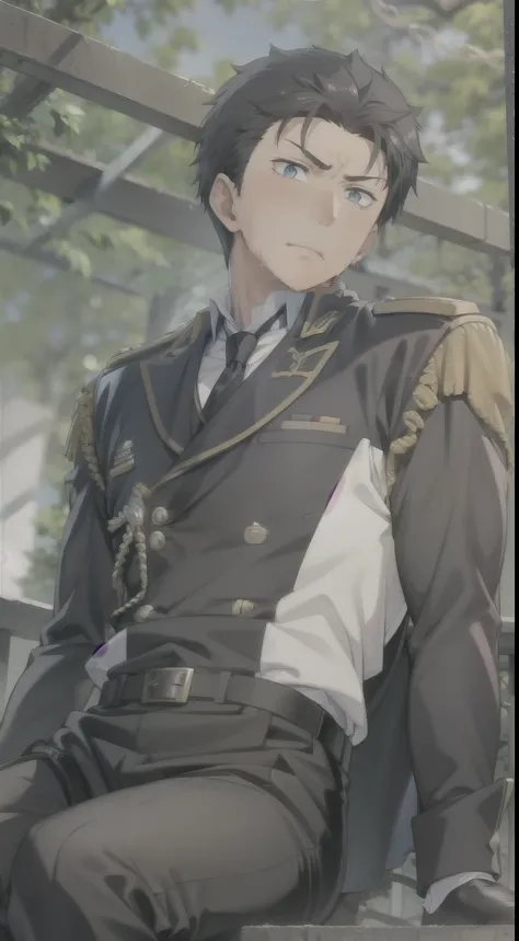 Hector Fay, Ultra high quality cg, solitary, Looking at the audience, Open your mouth, Sweating, Wet, Drooling, Gloves, 1 man,, Male focus, tie,shirt, military uniform,Lie down with your legs open