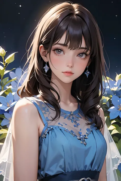 A beautiful woman. Detailed drawing of the face.Twenty years old. Her bangs are down. Dark brown hair. She is looking at the camera with a slightly sad expression. she is wearing a dress. An image of blue flowers in the space behind her.