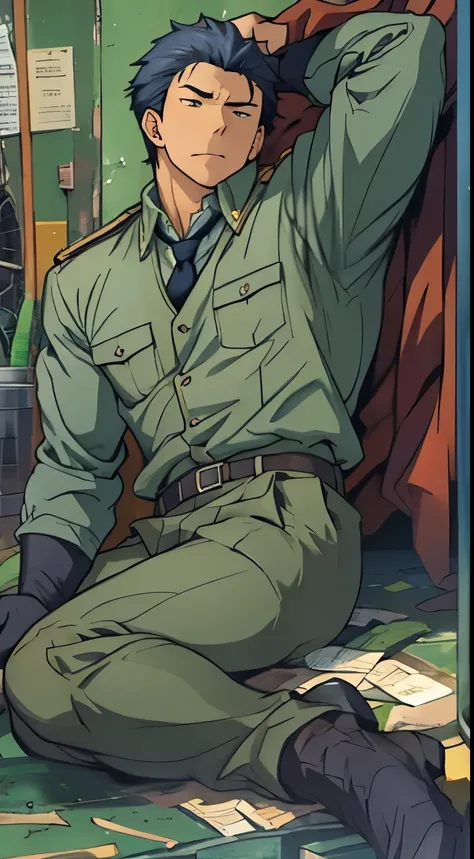 Hector Fay, Ultra high quality cg, solitary, Looking at the audience, Open your mouth, Sweating, Wet, Drooling, Gloves, 1 man,, Male focus, tie，shirt， military uniform，Lie down with your legs open
