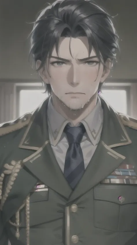 Hector Fay, Ultra high quality cg, solitary, Looking at the audience, Open your mouth, Sweating, Wet, Drooling, Gloves, 1 man, Upper Body, Male focus, tie，shirt， military uniform