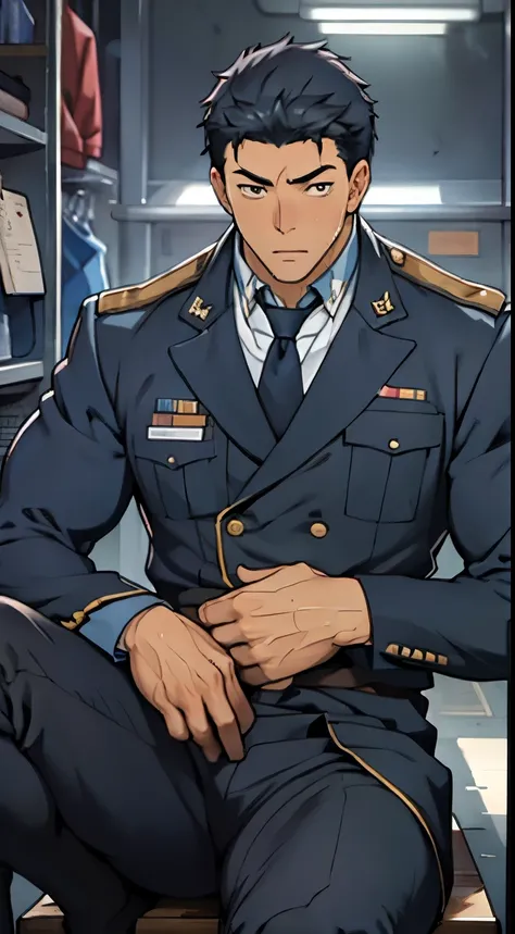 Hector Fay, Ultra high quality cg, solitary, Looking at the audience, Open your mouth, Sweating, Wet, Drooling, Gloves, 1 man,, Male focus, tie,shirt, military uniform,Lie down with your legs open