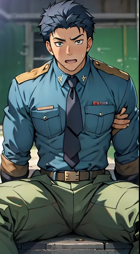 Hector Fay, Ultra high quality cg, solitary, Looking at the audience, Open your mouth, Sweating, Wet, Drooling, Gloves, 1 man,, Male focus, tie，shirt， military uniform，Lie down with your legs open
