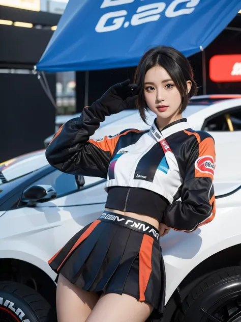 short hair、extremely detailed face、cool woman、colorful costumes、f1 driver cosplay、colorful costumes、clothing with company logo、t...