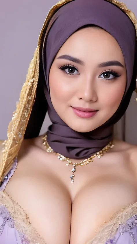 hyper realistic, beautiful hijab girl, (wearing purple hijab), nude, naked, (open breast, breast out), luxury necklace, white sk...