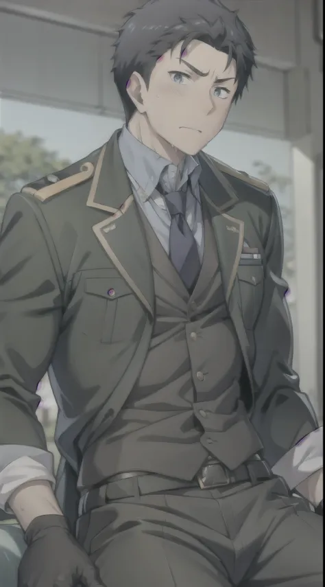 Hector Fay, Ultra high quality cg, solitary, Looking at the audience, Open your mouth, Sweating, Wet, Drooling, Gloves, 1 man,, Male focus, tie，shirt， military uniform，Lie down with your legs open
