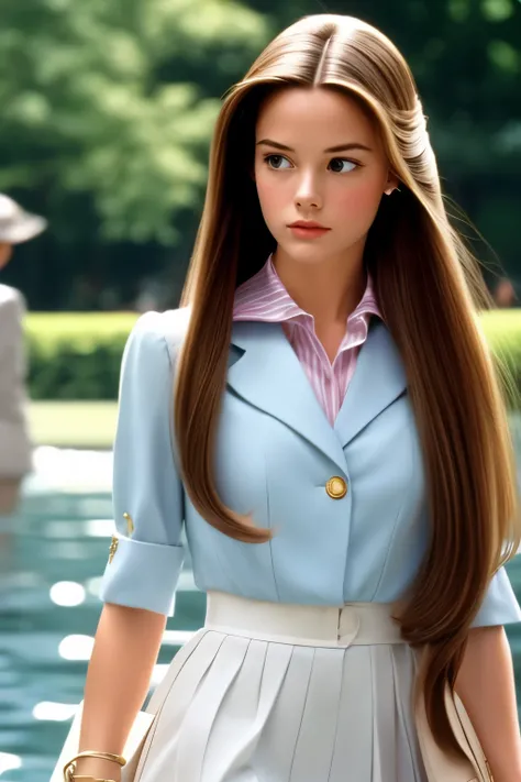 Film still, preppy girl, feminine, sophisticated luxury style, long hair, 1997 movie, highly detailed