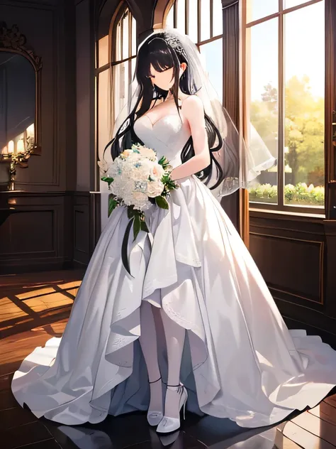 Best Quality、masterpiece、Sleeping girl、Long black hair、White gorgeous wedding dress、Holding a bouquet、White Stockings、White high heels、whole body、Standing、Room with large windows。