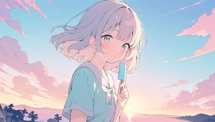 Nostalgic,Beautiful sunset,Popsicles,Girl,memory,Retro,Pastel colors,A light touch,Light color,Illust