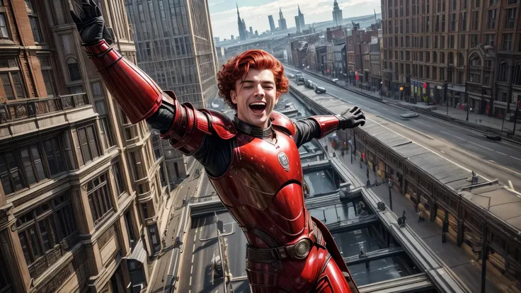 masterpiece, best quality, extremely detailed, hyperrealistic, photorealistic, a beautiful 40s british man, ultra detailed face:1.1, red mechanical armour:1.1, red hair:1.1, curly hair, laughing, open mouth, eye closed, dancing, strenuous movements, from a...