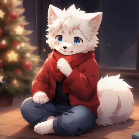 Samoyed, boy, Cuteness, blush, Blue eyes, red jacket, jeans, red scarf, Barefoot, A drop of tears,